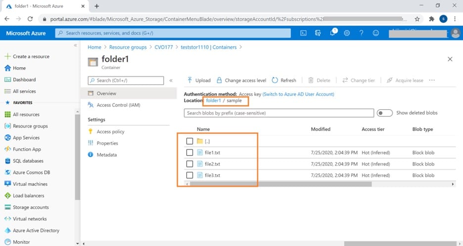 The folder has been created inside the Azure storage container