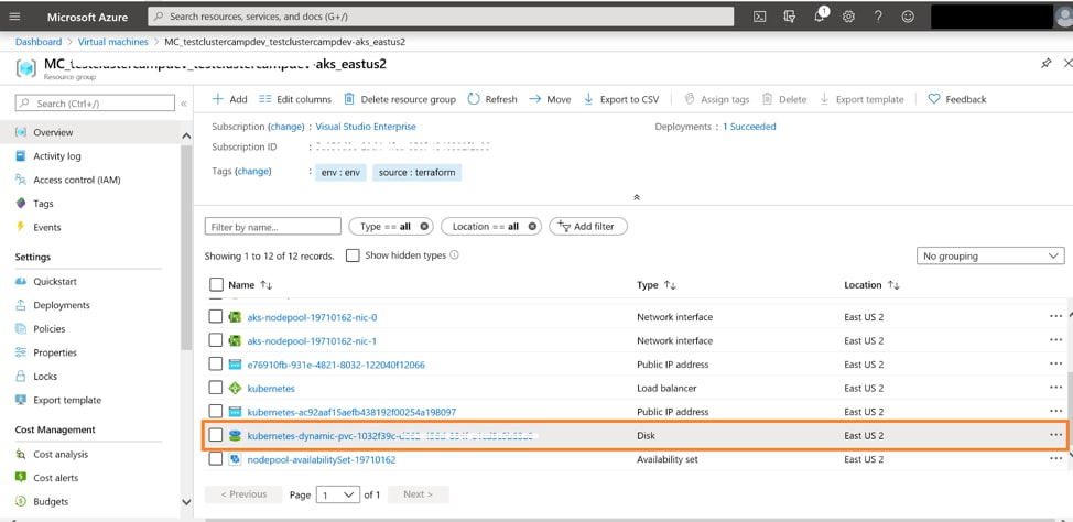 Browse to the resource group where the AKS nodes are created to find the newly provisioned disk listed there
