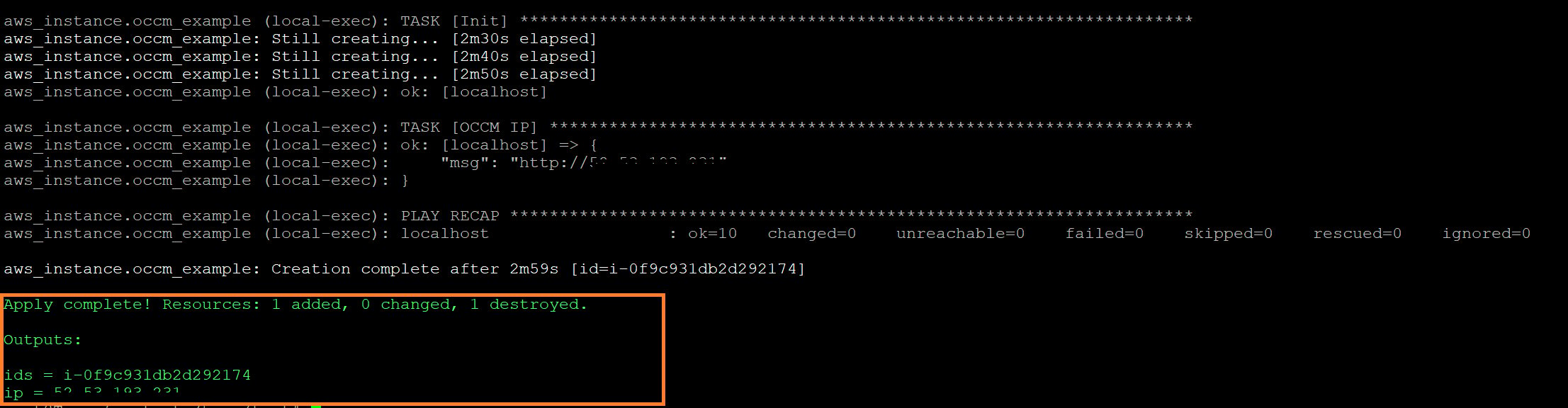 The Cloud Manager ID and IP as output