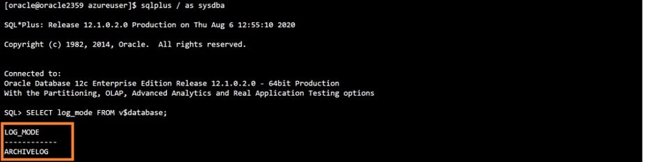 Run the following commands to confirm that the database is in archive log mode