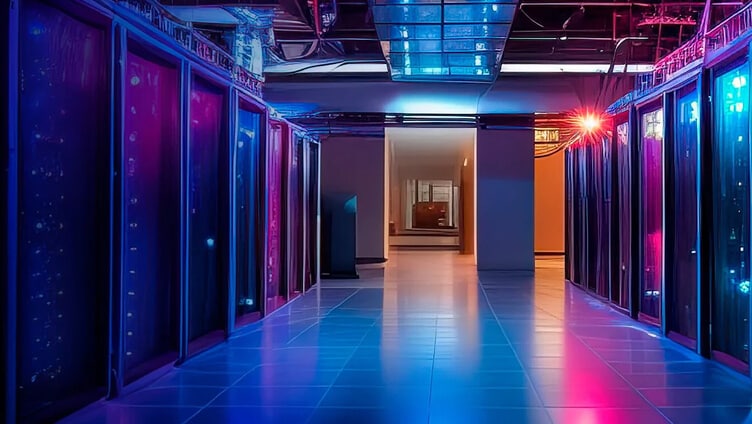 Server room corridor illuminated with blue and pink lights, lined with data storage racks.