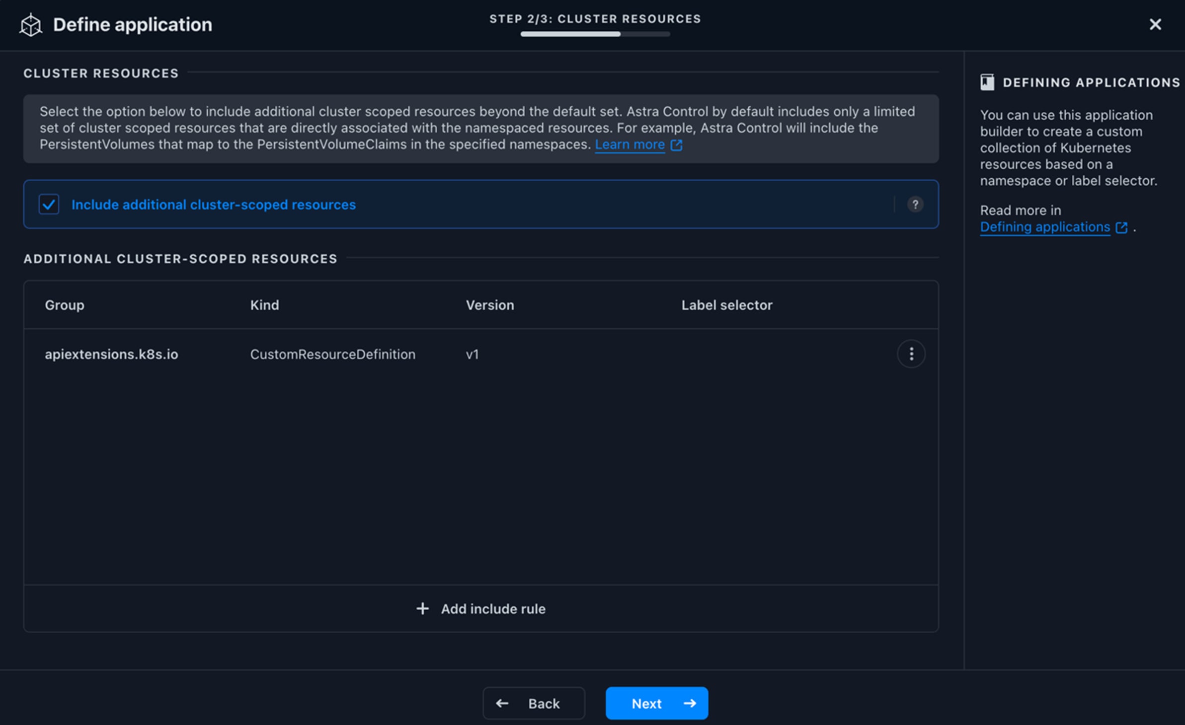 Screenshot of application cluster resources
