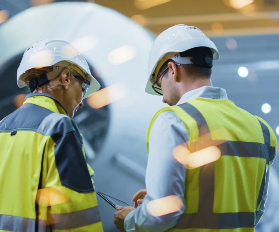 Two workers in safety gear looking at a tablet