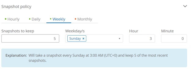 In this example, we configured a policy to create a Snapshot at 3:00 a.m. and to keep the five most recent Snapshot copies.