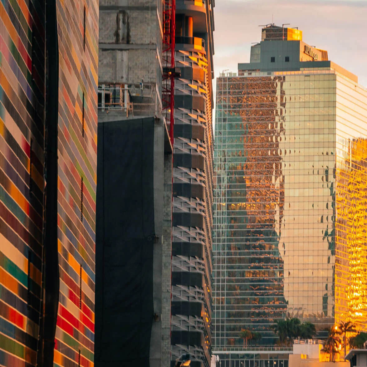 view of downtown buildings at sunset