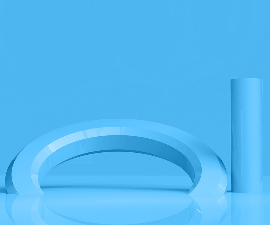 Azul claro monocromático con formas 3D que se elevan desde una base líquida