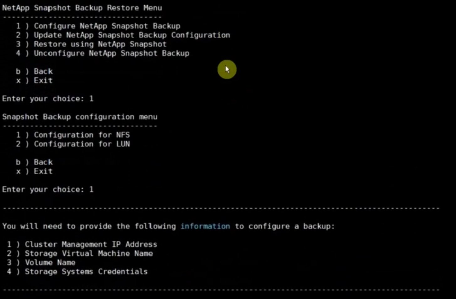 Active IQ Unified Manager snapshot backup restore menu