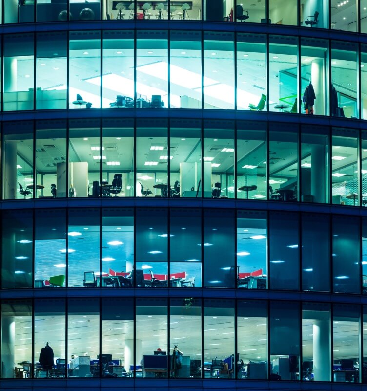 Exterior of an office building at night