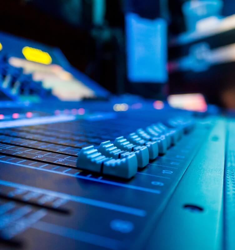 Low level view of a professional audio mixing console