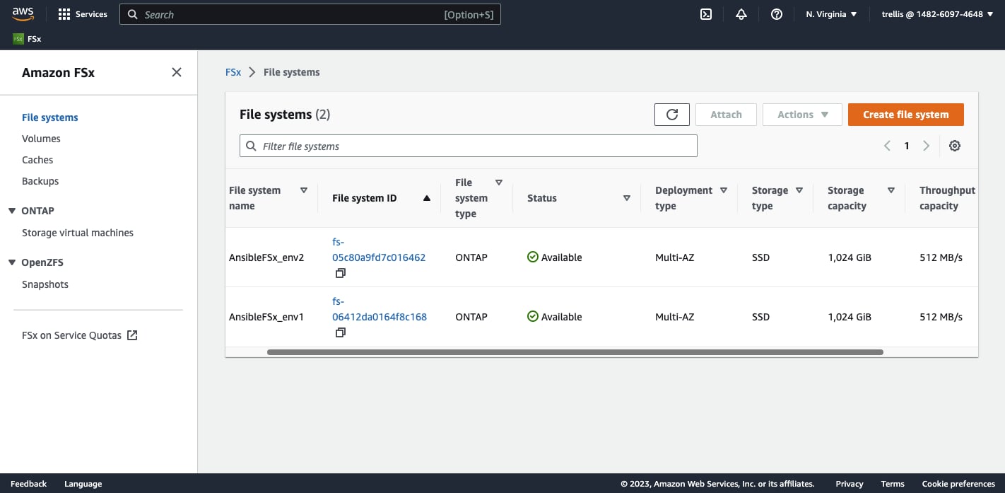 AWS FSx Console Working Environments