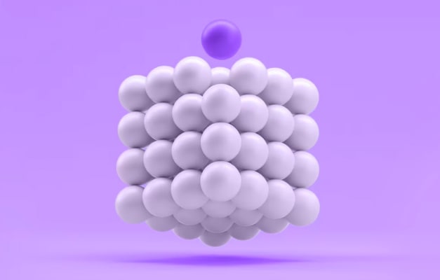 purple sphere above white spheres in the form of a cube