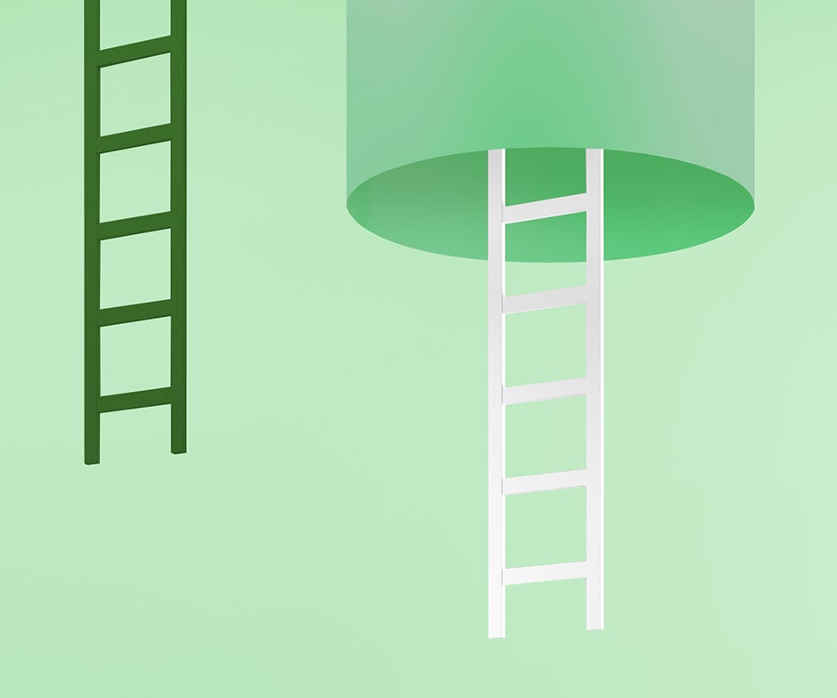 Cilindro verde con escaleras blancas y verdes sobre fondo verde
