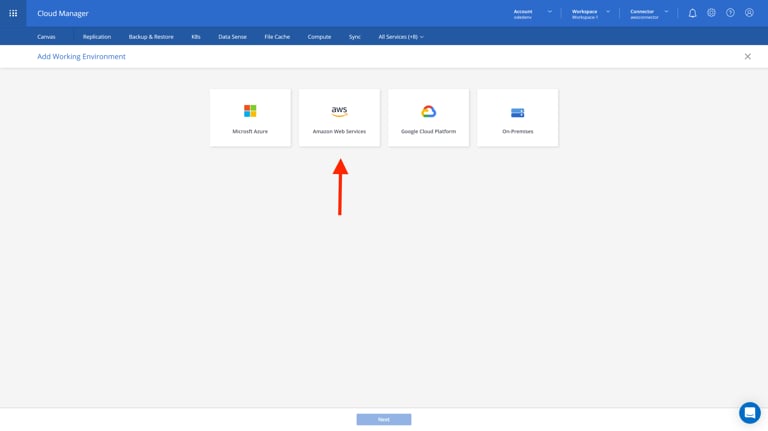 staging.cloudmanager.netapp.com add-working-environment choose-type (AOC)