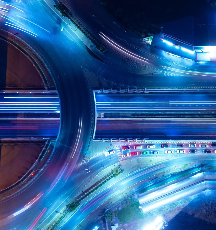 Aerial view of a highway interchange at night