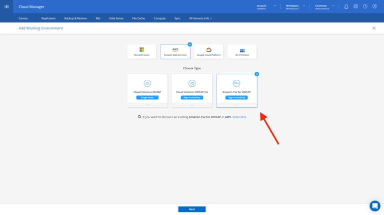 staging.cloudmanager.netapp.com add-working-environment choose-type (AOC) 2