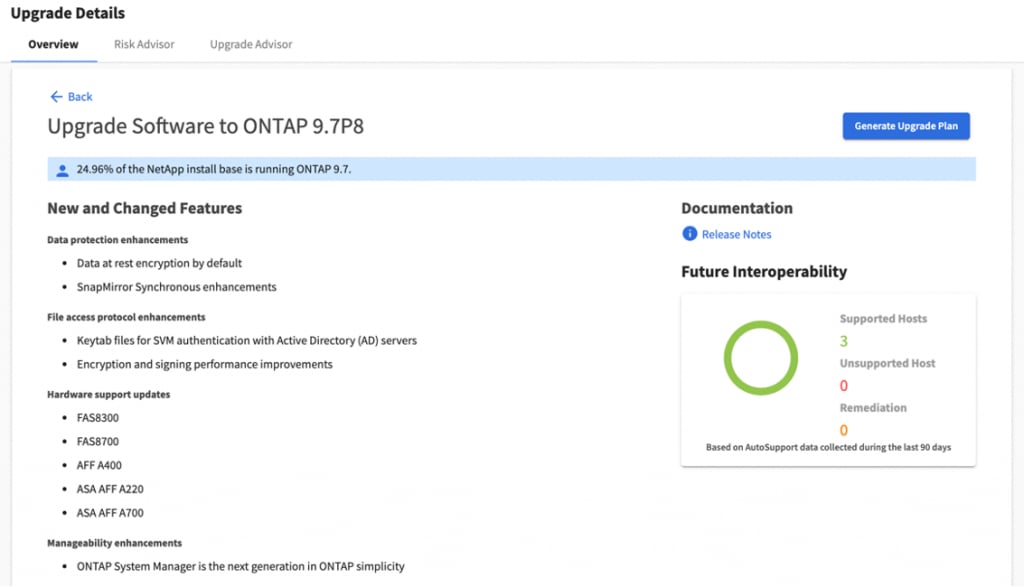 Active IQ ONTAP upgrade details overview