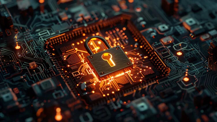 Digital lock icon glowing on a circuit board representing data security and encryption.