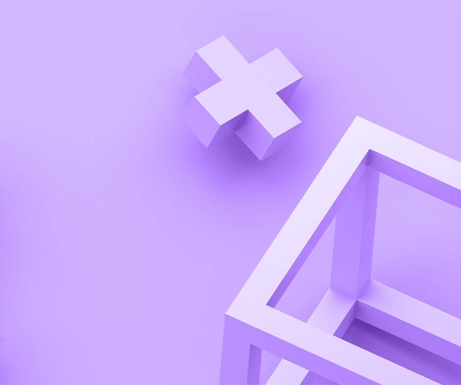 a purple 3D X and the 3D outline of a cube on a purple background