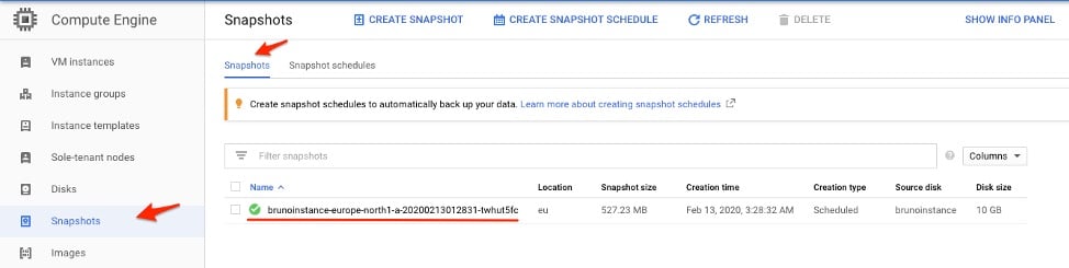 Snapshot list panel