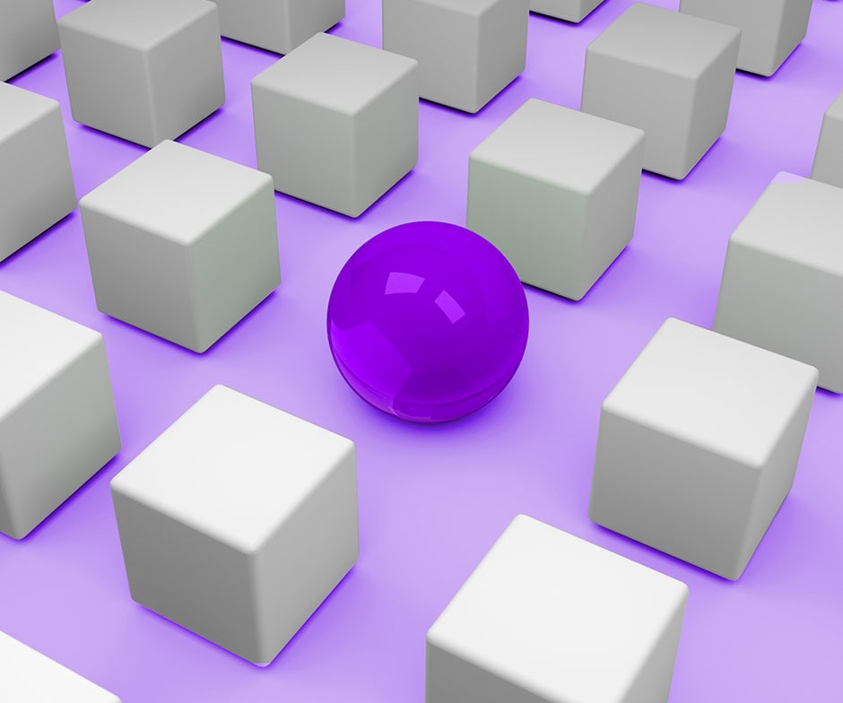 White cubes surrounding a purple sphere