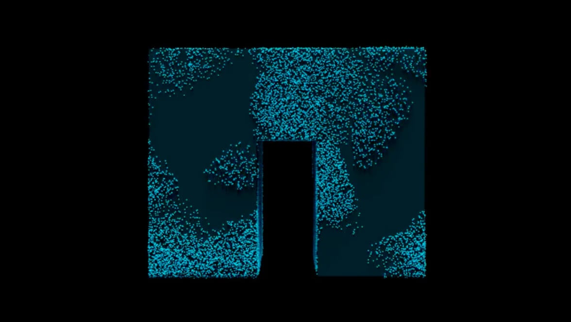 NetApp logo formed by clusters of blue digital particles on a dark background.