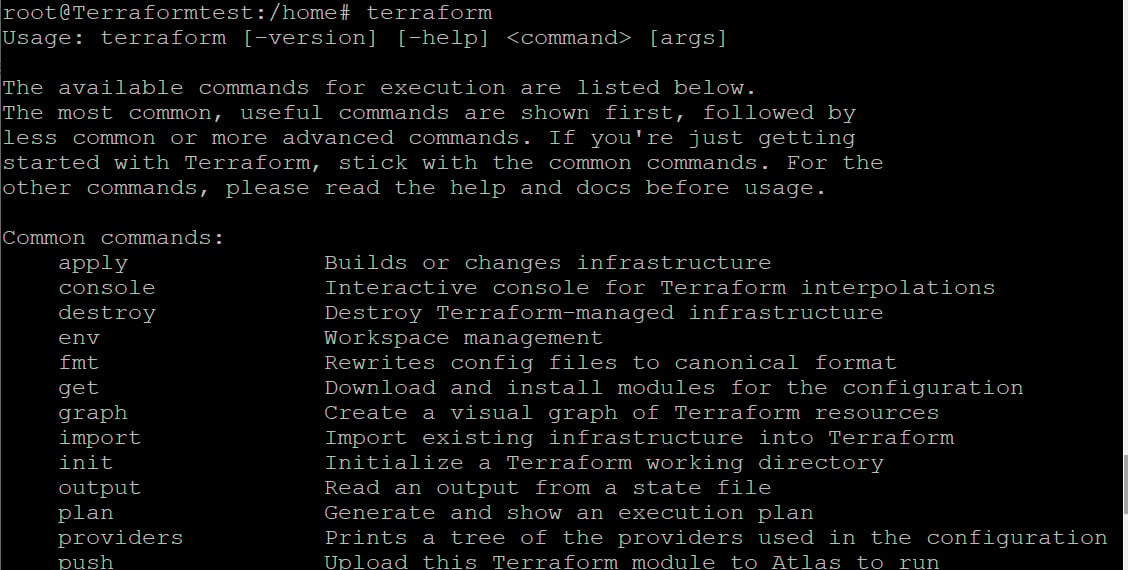 Verify the installation by running the terraform command