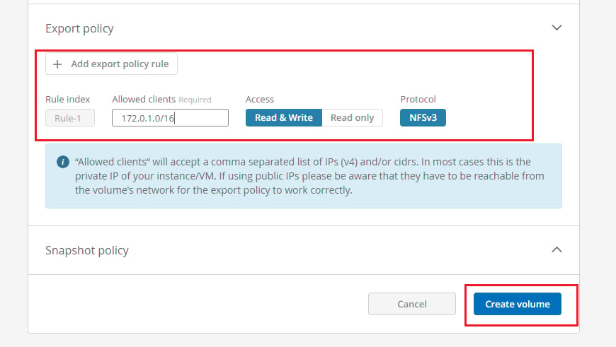 To control access permissions, add an export policy for the NFS volume. At this stage, that means entering IP ranges or single IP addresses from the AWS instances that need access to the NFS volume.