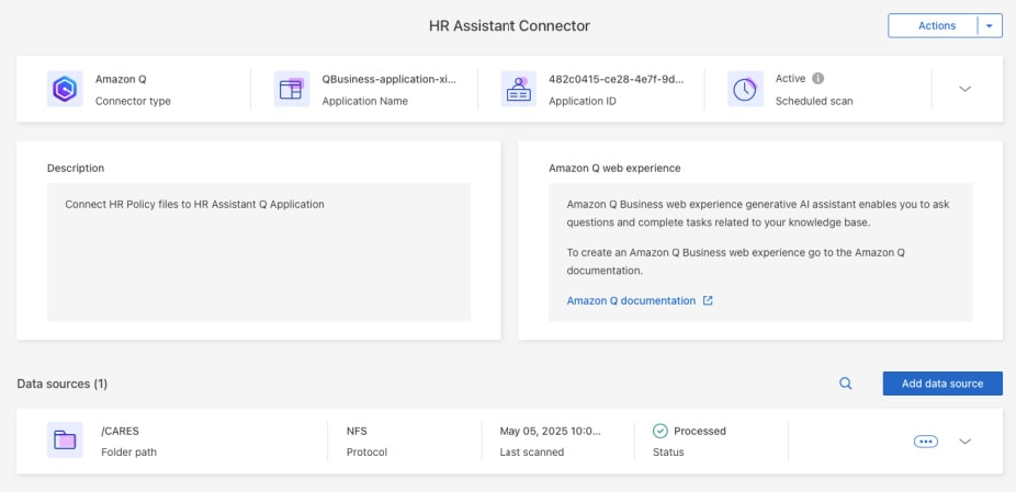 Image of NetApp Connector for Amazon Q Business configuration settings.