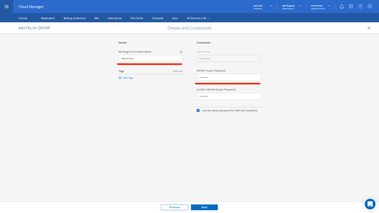 staging.cloudmanager.netapp.com add-working-environment choose-type (AOC) 5