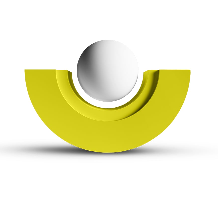 A half yellow circle with a white sphere in the middle