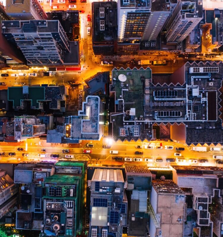 Aerial view of a city at night