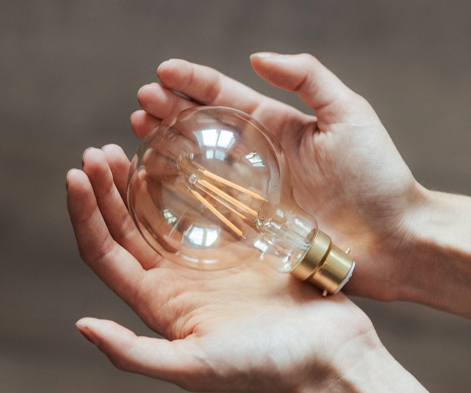 person holding a light bulb in their hands.