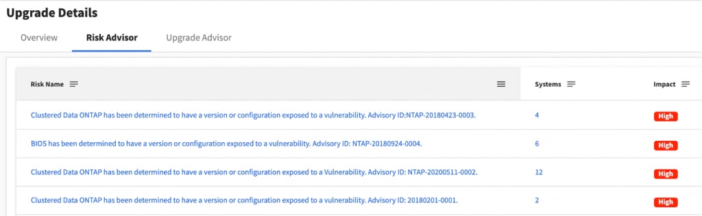 Active IQ ONTAP upgrade risk advisor view