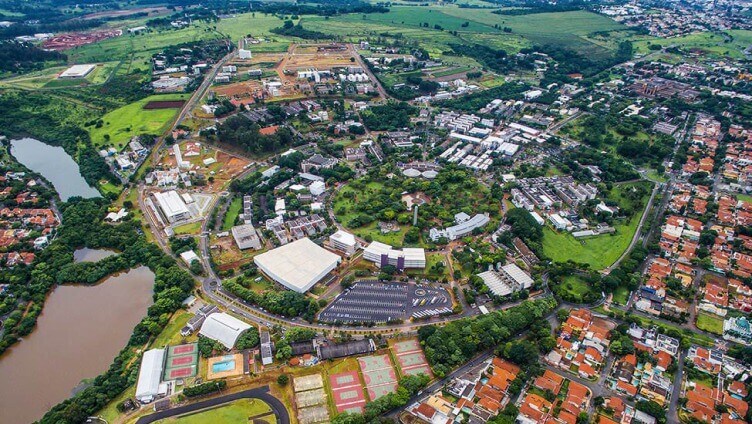aerial view of a office building and surrondings