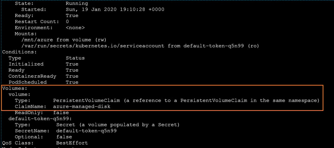 Verify hat he persistent volume is attached to the pod by using the following command