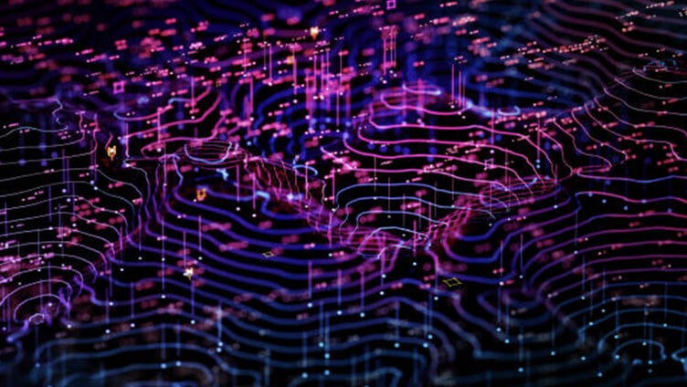 Abstract neon data waves visualizing cloud computing, analytics, and AI data flow.