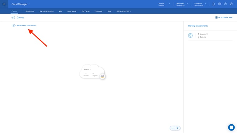 staging.cloudmanager.netapp.com working-environment view=clouds (AOC)