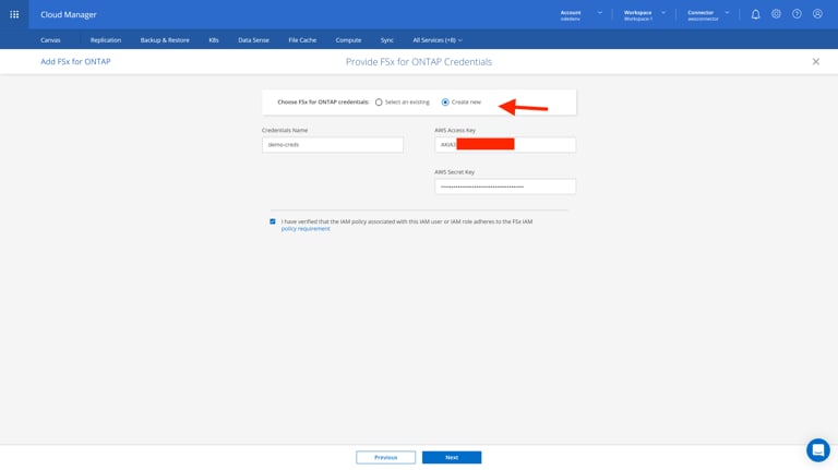 staging.cloudmanager.netapp.com add-working-environment hoose-type (AOC) 4