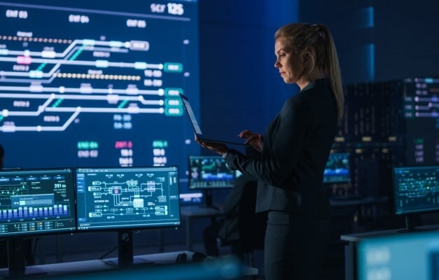 Professional holding laptop in data room