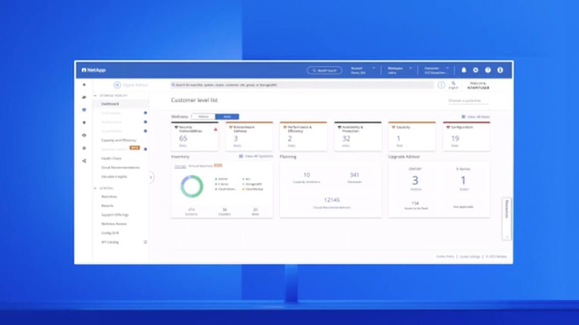 Panel de control de NetApp Digital Advisor con secciones que muestran métricas a nivel de cliente, incluidas vulnerabilidades de seguridad, rendimiento, planificación, capacidad y estado de las actualizaciones.
