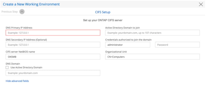CIFS Setup dialog