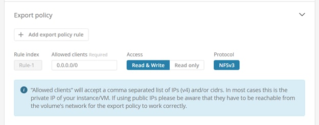 Scroll down and configure the NFS export policy. Include details such as the allowed client IP range and the access permissions.