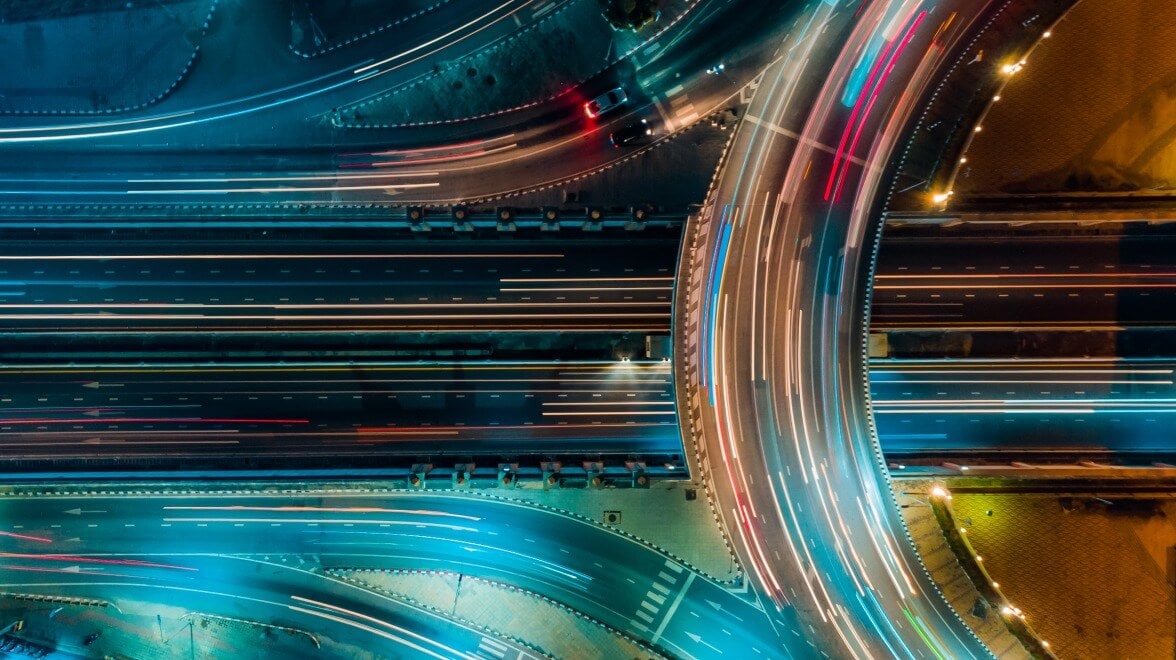 aerial view of highway at night