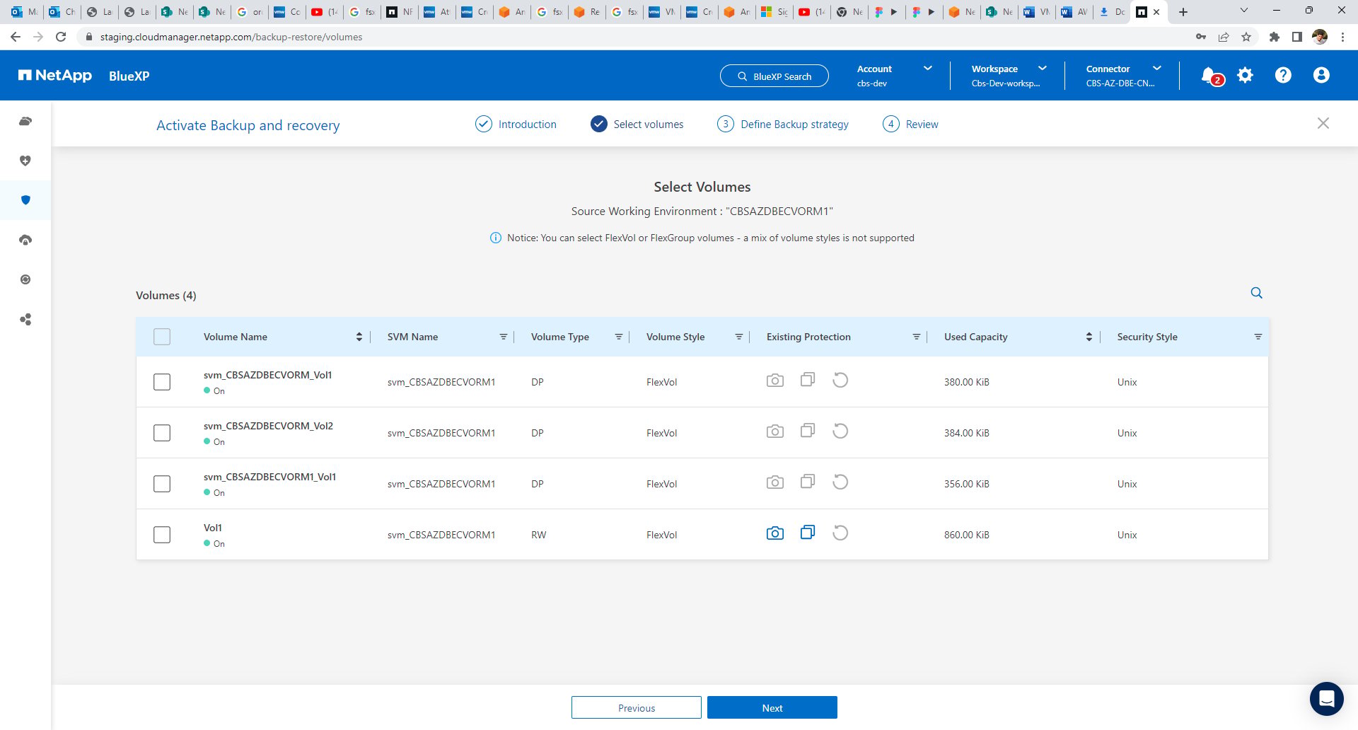 Select Volumes screen