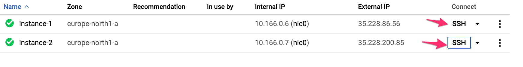 VM Instances list.