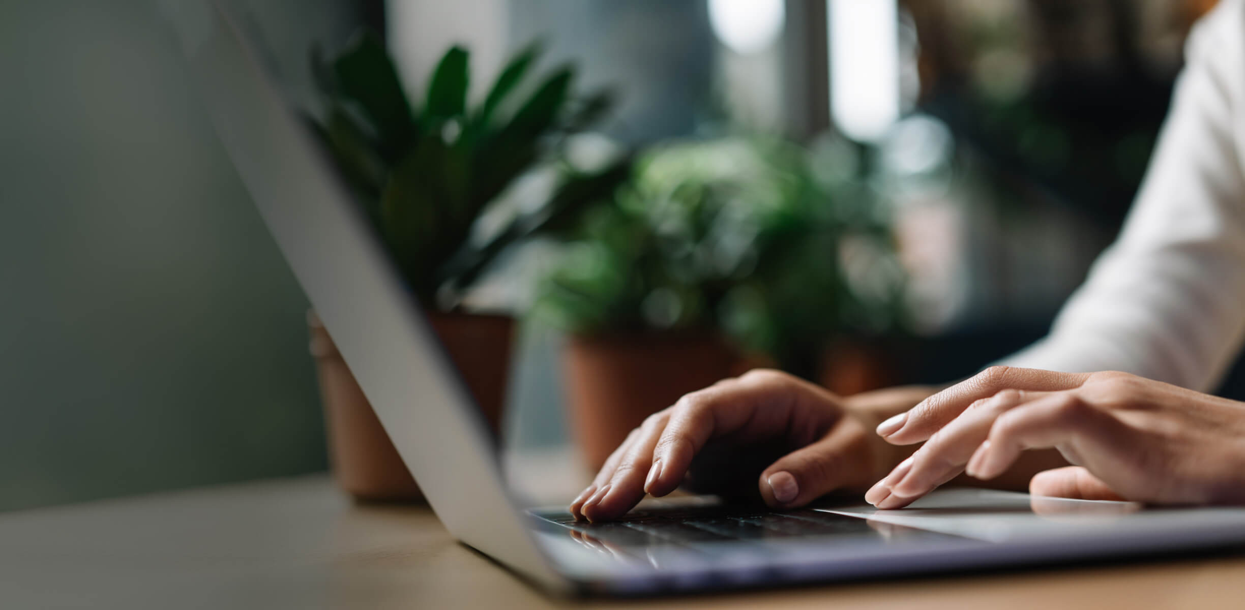 Hands typing on a laptop keyboard in a workspace with greenery in the background.