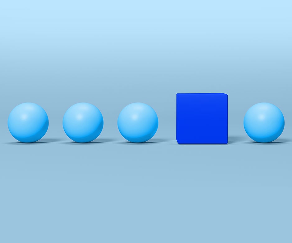 4 spheres and a square in a line