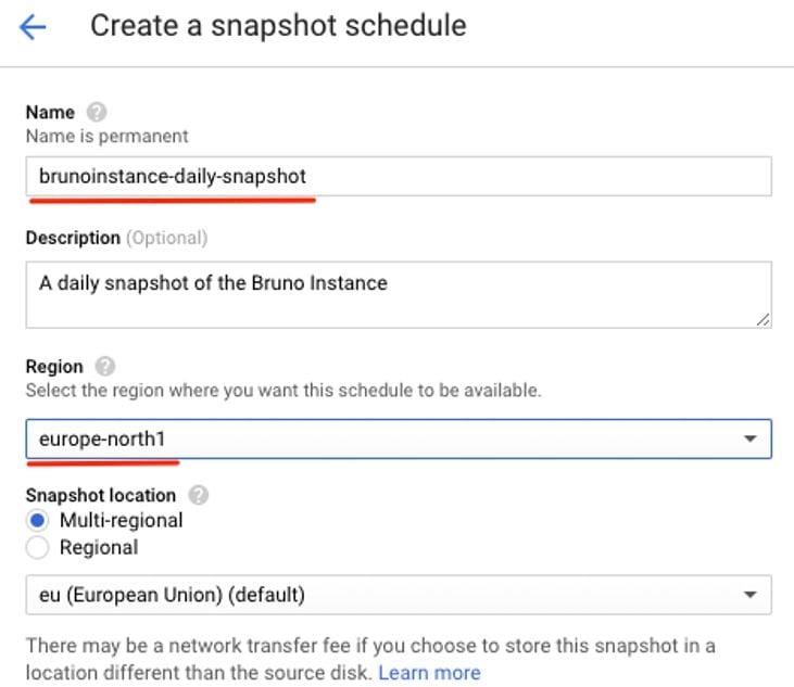 Snapshot schedule creation panel (name and region)