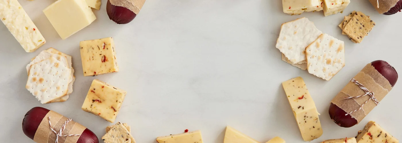 Desktop 1400x500 cheese and crackers background for HD5 Father's Day flat-rate shipping hero.