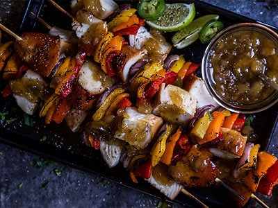 Charred Pineapple Chicken and Steak Kebabs